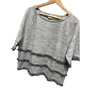 Chico's Navy and Gray Fringe Tier Knit Short Sleeve Blouse Top